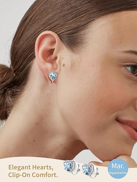 FindChic Sparkling Birthstone Clip On Earrings for Women, Silver Plated Stud Earrings 8MM Cubic Zirconia Non Pierced Studs, 12 Months Birthday Jewelry Gift