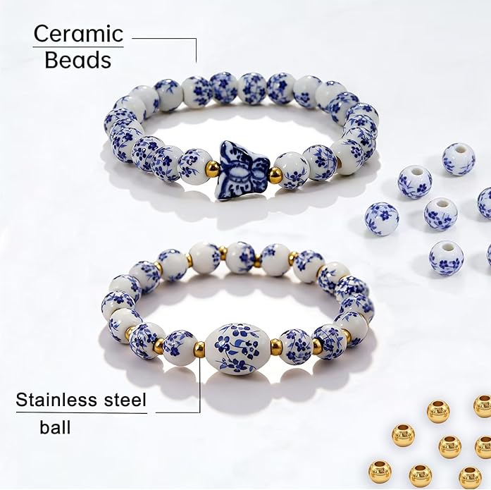 Butterfly Charm Bracelet Set - Blue and White Porcelain Beaded, Adjustable Vintage Stretch Bracelets for Women, Handmade Dainty Jewelry Gift