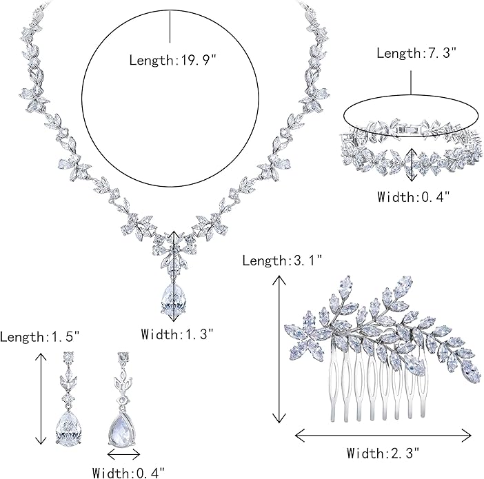 Crysdue Wedding Jewelry Set for Women, Floral Leaf Vine Teardrop Necklace Dangle Earrings Bracelet and Hair Comb, Cubic Zirconia Elegant Party Prom Jewellery for Bridal Bridesmaid