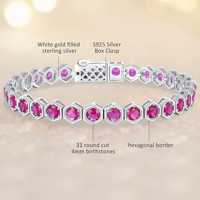Birthstone Tennis Bracelets for Women Birthday Gifts 925 Sterling Silver Hexagon White Gold Bracelets Round Cut 5A Cubic Zirconia Prong Setting 7 Inch Anniversary Jewelry Gift
