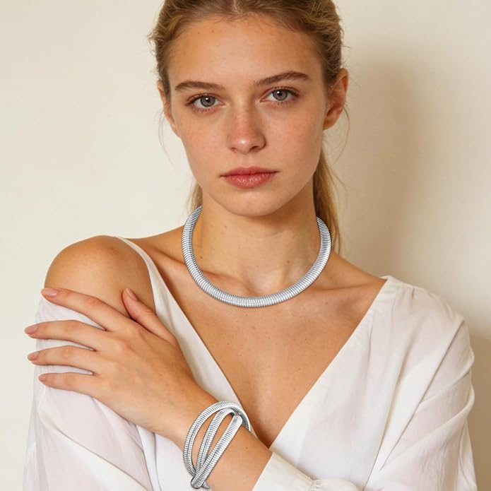 YBMYCM Chunky Gold-plated Silver Jewelry Set Multi Strands Stainless Steel Choker Necklace Bracelet Set for Women