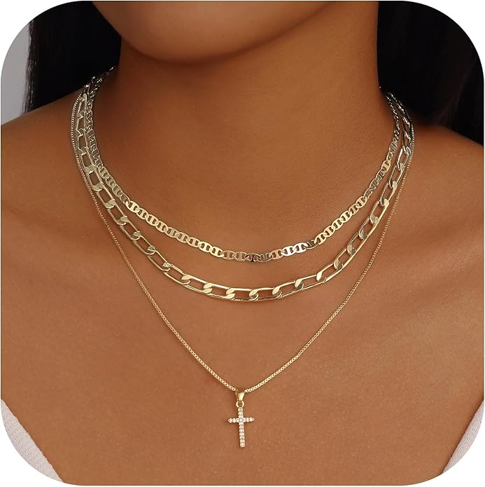 Evabelle Gold Layered Necklace for Women Trendy Jewelry 14K Real Gold Plated Chunky Chain Stackable Necklaces Dainty Choker Necklaces Rectangle Square Pendant