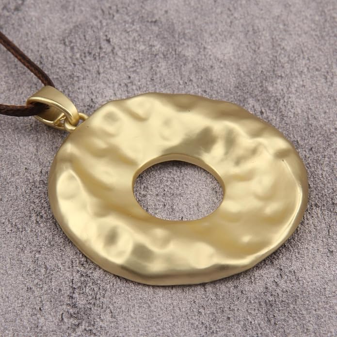 Boho Leather Necklace Women Bohemian Brown Circle Pendant Necklace Choker Long Necklaces for Women Boho Ring Large Pendant