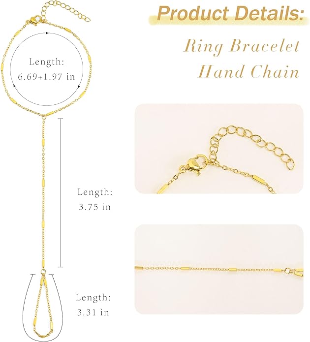 Hand Chain Bracelet, Adjustable Hand Jewelry Chain Bracelet with Ring, Trendy Gold Handchains Jewelry
