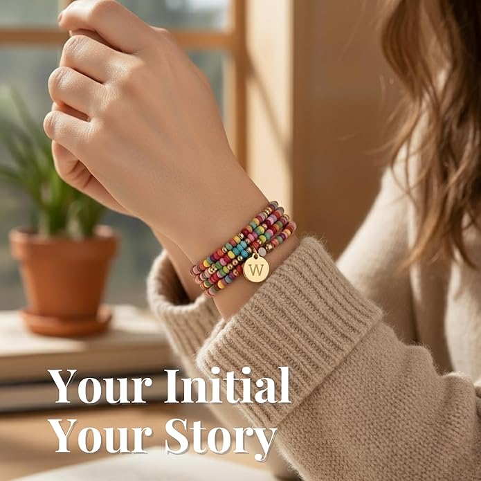 Set of 4 Colorful Bead Initial Bracelets, Personalized Stackable Jewelry, Adjustable Stretchy Charm Bracelets for Women, Beaded Bracelet Set, Trendy Custom Jewelry Gift