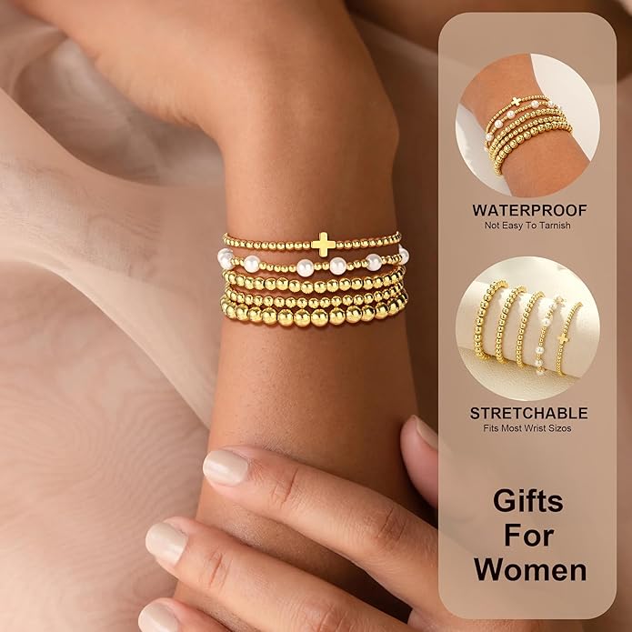 Gold Bead Bracelets for Women Girls - 14K Gold Plated Dainty Round Bead Ball Pearl Cross Bracelet Stack for Women Teenage Girls Stackable Jewelry Christmas Gifts