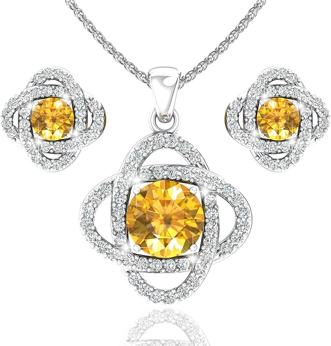Women 925 Sterling Silver Cute Love Knot Sparkling Gemstone Push Back Stud Earrings Hanging Pendant Necklace Beautiful Fine Jewelry Accessory Set, 1.65 Carat