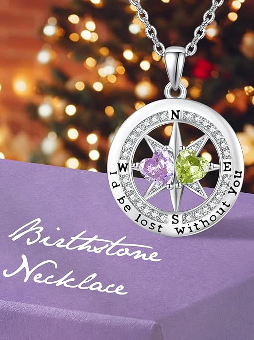 Compass Necklace for Women, Exquisite S925 Valentines Day Anniversary Birthday Gifts for Wife Her Double Birthstone Pendant Jewelry ‘I'd be Lost Without You’