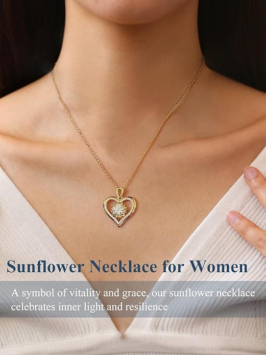 Sunflower Moissanite Heart Necklace for Women, Anniversary Birthday Gift for Wife, S925 Silver Moissanite Lab-Created Gem Jewelry for Her Girlfriend Mom