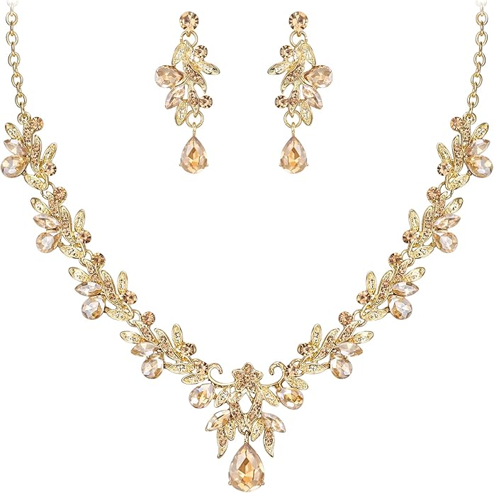 BriLove Women's Wedding Jewelery Set Leaf Flower Crystal Teardrop Marquise Cluster Pendant Necklace Dangle Earrings for Bridal Party