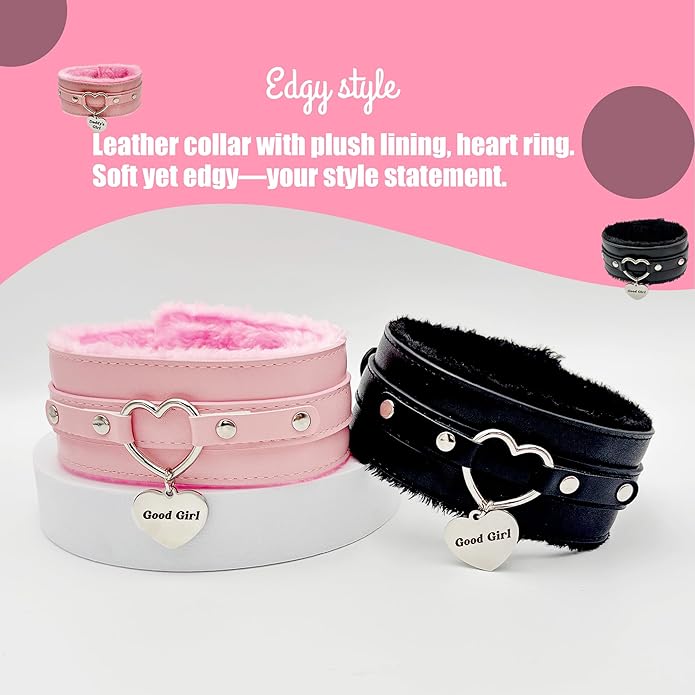 paloli Furry Heart Leather Choker Collar for Women – Personalized Engraved Heart Pendant, Handmade Adjustable Faux Fur Necklace, Cute Gothic Fashion Jewelry