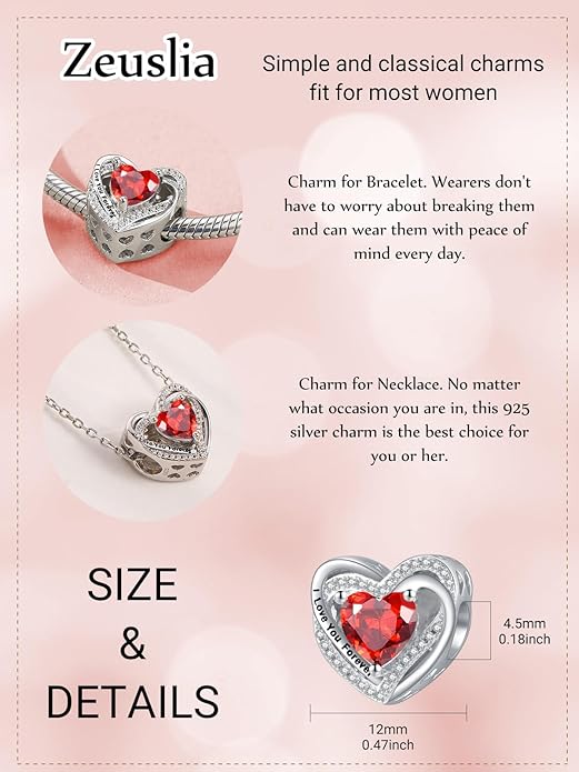 Heart Birthstone Charms for Bracelets, 925 Sterling Silver Women Bead Charms for Charm Bracelets Necklace, Mother's Day Birthday Anniversary Jewelry Gifts for Wife Mom Grandma Daughter