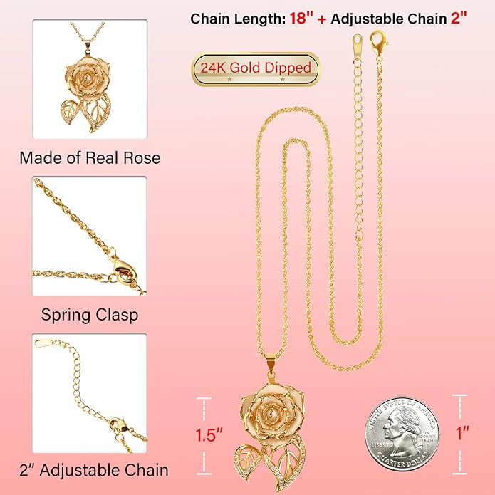 AliveRose Real Rose Gold Dipped Necklace Gifts for Women, 24K Gold Dipped Rose Pendant Necklace Jewelry Mothers Day Anniversaries Birthday Christmas Special Occasions Gifts for Her Mom Wife