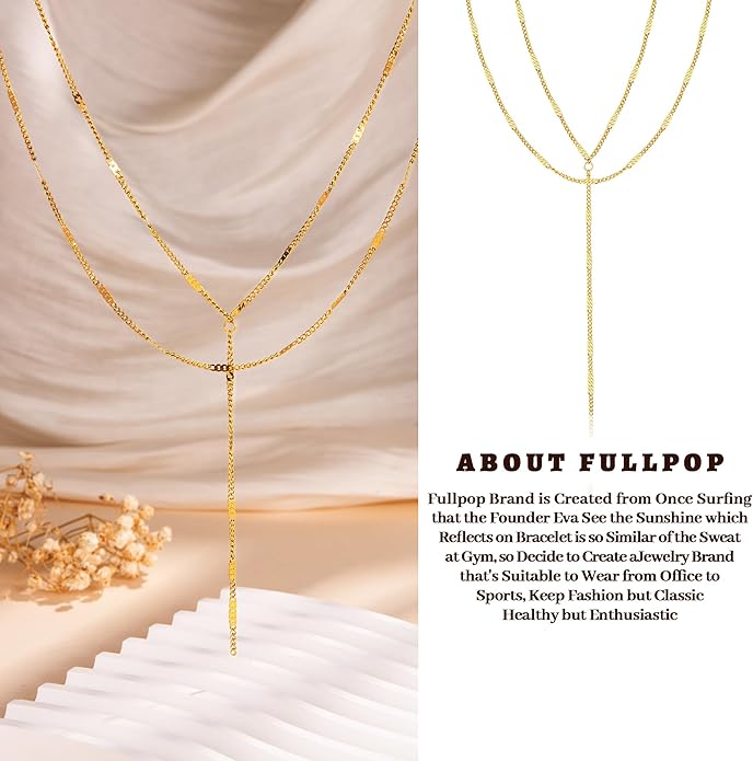 Fullpop Dainty Gold Necklaces for Women, 18k Gold Layered Lariat Necklace for Women Long Gold Choker Necklaces for Women Statement Diamond Heart Pendant Necklace Body Chain Jewelry for Women