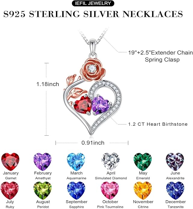 Iefil Valentines Day Gifts for Her - 925 Sterling Silver Double Birthstone Necklace, Anniversary Birthday Gifts for Women, Jewelry Gift for Wife Her