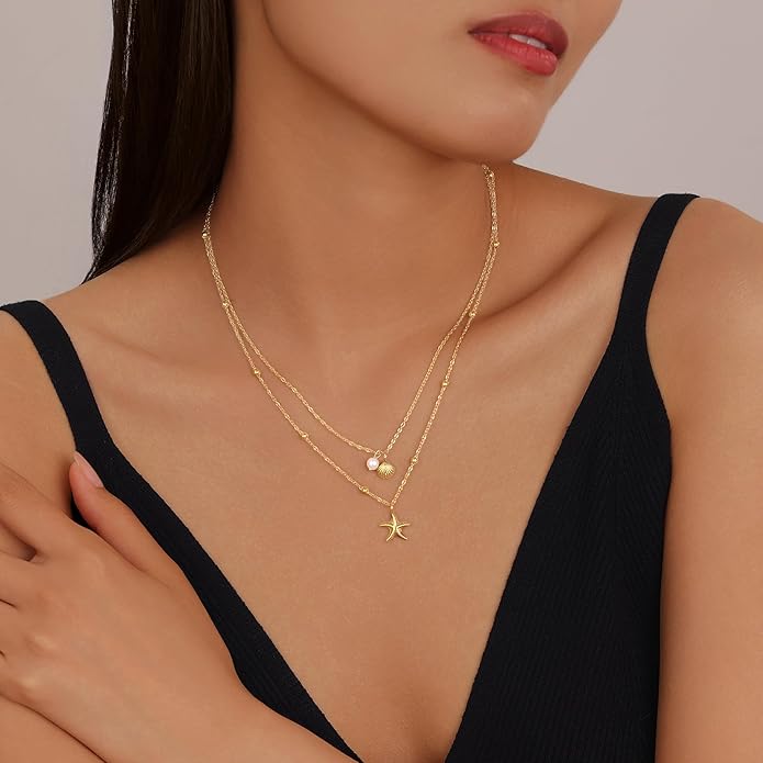 Evabelle Gold Layered Necklace for Women Trendy Jewelry 14K Real Gold Plated Chunky Chain Stackable Necklaces Dainty Choker Necklaces Rectangle Square Pendant