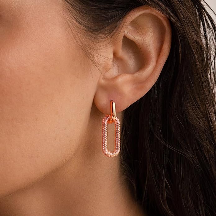 Gold Earrings for Women Trendy, Simple Dainty 14K Gold Plated Paperclip Square Chain Link Dangle Hoops Earrings Pin Stud Huggie Earrings Lightweight Hypoallergenic Minimalist Aesthetic Gold Jewelry for Christmas Gifts