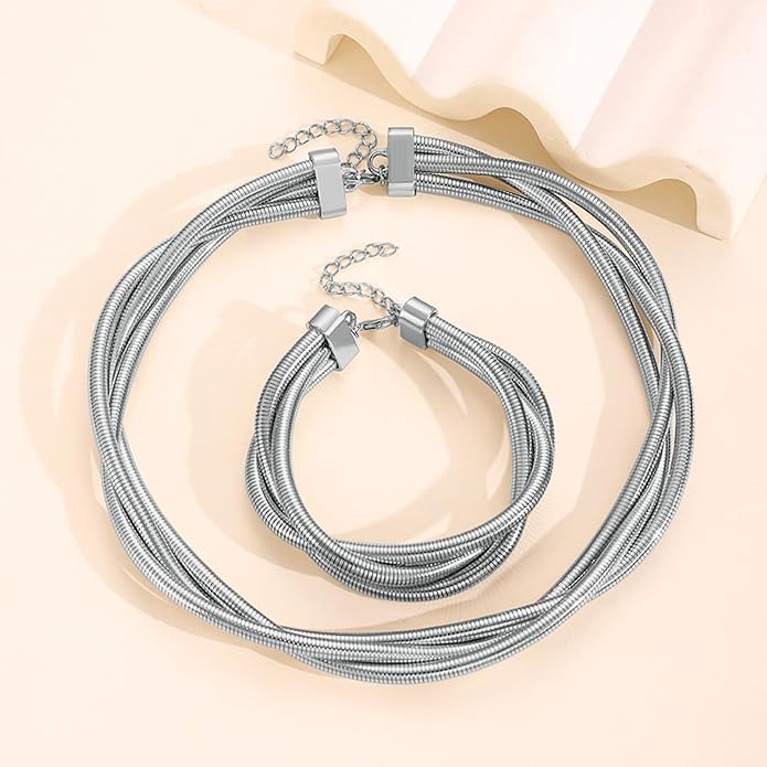 YBMYCM Chunky Gold-plated Silver Jewelry Set Multi Strands Stainless Steel Choker Necklace Bracelet Set for Women