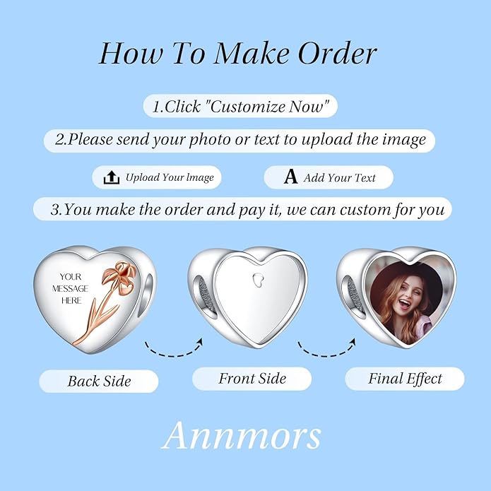 Annmors Personalized Photo Charm for Bracelet Necklaces,925 Sterling Silver Charm Love Heart Shaped Engraved Customize Picture Gift for Birthday Mother's Day Christmas,Bead Charms Jewelry for Women