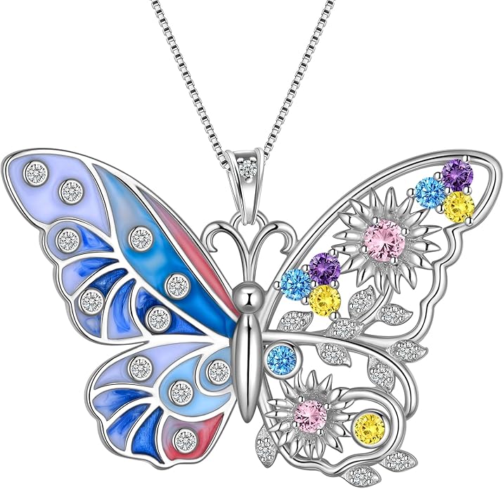 Aurora Tears 925 Sterling Silver Butterfly Flower Pendant Necklace - Colorful Enamel Zircon Adjustable Chain Jewelry Gift for Women Her