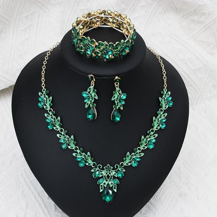 Wedding Leaf Flower Crystal Teardrop Pendant Necklace Dangle Earrings Stretch Bracelet Jewelry Set for Women Bridal Party Prom