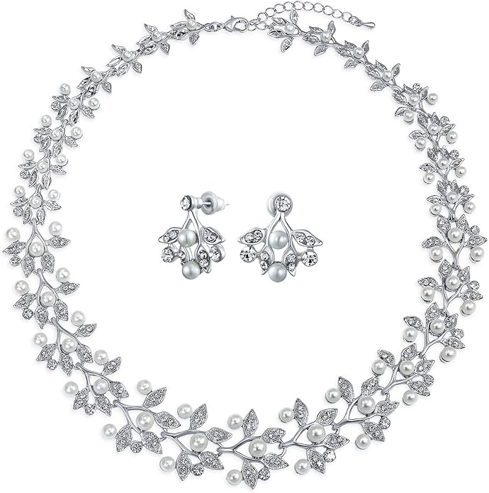 Bridal Jewelry Set Art Deco Vintage Estate Style Cubic Zirconia Marquise Leaf Teardrop AAA CZ Statement Cleavage Choker Necklace & Chandelier Dangle Clip On Or Pierced Earrings For Women Pageant