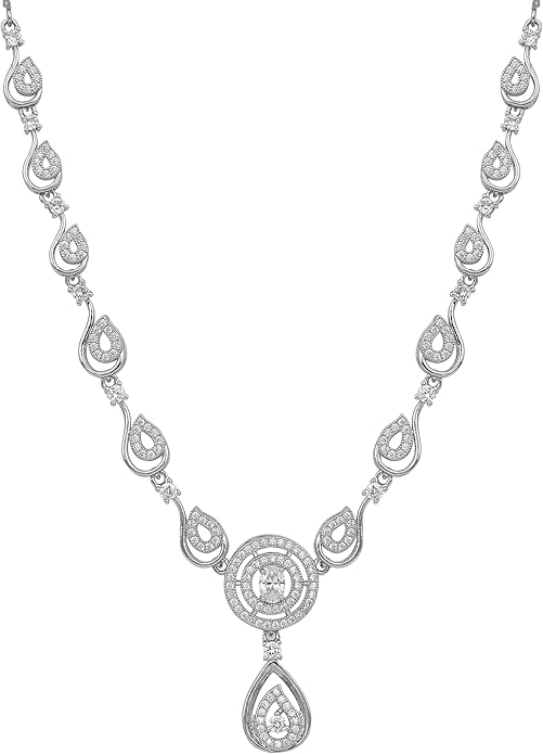 Nilu's Collection American Diamond Stone Studded | Rose Gold/Silver Plated | Anti Tarnish Jewellery Set for Women | Matching Earrings Perfect for Weddings and Special Occasions