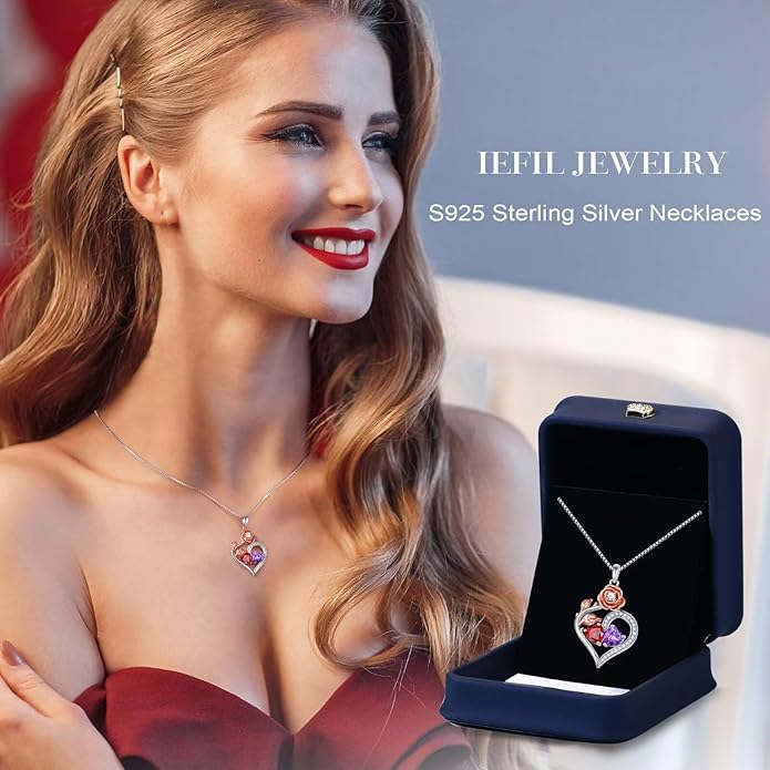 Iefil Valentines Day Gifts for Her - 925 Sterling Silver Double Birthstone Necklace, Anniversary Birthday Gifts for Women, Jewelry Gift for Wife Her