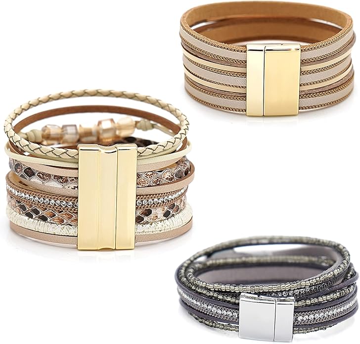 Wowanoo 3Pack Leather Cuff Bracelet Set Multilayer Wrap Bracelet Crystal Feather Tree Bracelet Magnetic Clasp Bracelet for Women