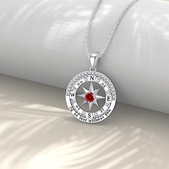 Compass Birthstone Necklace Gift for 2025 Graduation 925 Sterling Silver Compass ‘I'd be Lost Without You’ Pendant Necklaces Jewelry for Women Her Wife Gift for Birthday Anniversary
