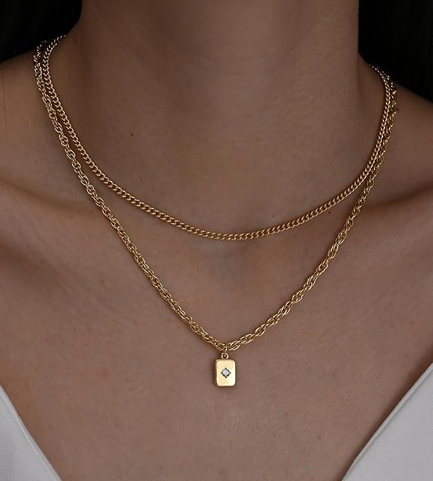YEEZII Layered Gold Necklaces for Women Trendy, 3 Pcs 14K Gold Plated Choker Paperclip Box Chain Necklace, Stackable Women's Gold Pendant Necklaces Jewelry Set