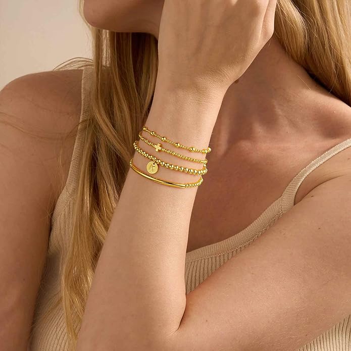 Turandoss Gold Cross Bead Bracelets Sets for Women Girls Valentines Day Gifts - Dainty Layered Cross Bracelets Beaded Initial Bracelet Stack Gold Letter A-Z Bracelet Valentines Day Gifts for Her