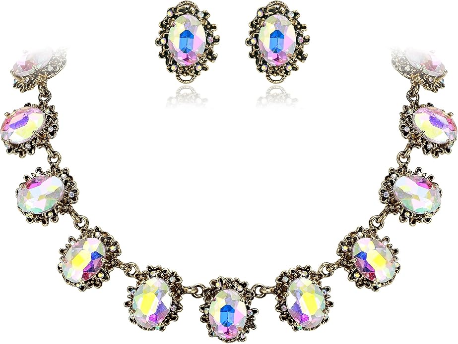 BriLove Victorian Style Statement Necklace Pierced Earrings Jewelry Set for Women Crystal Floral Cameo Inspired Oval Jewellery for Party Prom