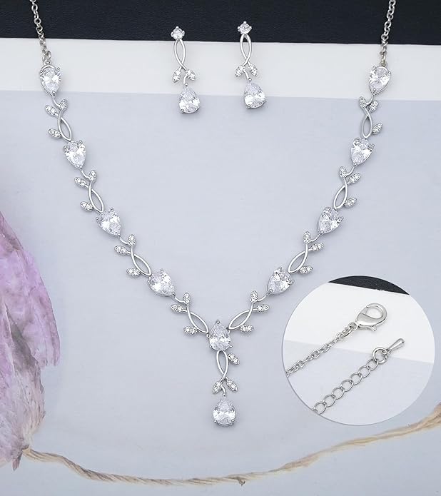 4-Piece Wedding Jewelry Set for Women Platinum Plated Cubic Zirconia Teardrop Necklace Earrings Bracelet Adjustable Ring Bridal Bridesmaid Prom Accessories with Gift Box