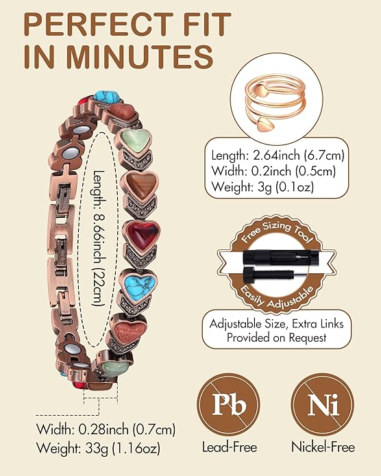 Feraco Pure Copper Bracelets & Rings for Women, Ultra Strength Magnetic Bracelet with 3800 Gauss Magnets & Natural Turquoise & Stones, Adjustable, Jewelry Gift