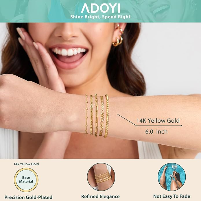 adoyi Valentines Day Gifts for Her Gold Bracelets for Women, 14K Gold Plated Stackable Bracelet Stack Set Adjustable Charm Paperclip Chain Cuban Link Layered Waterproof Jewelry Sets Gifts for Womens