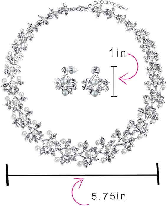 Bridal Jewelry Set Art Deco Vintage Estate Style Cubic Zirconia Marquise Leaf Teardrop AAA CZ Statement Cleavage Choker Necklace & Chandelier Dangle Clip On Or Pierced Earrings For Women Pageant