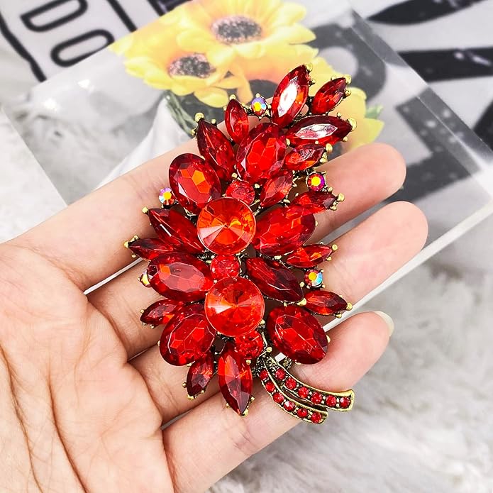 LAXPICOL Vintage Green Austrian Crystal Flower Leaf Bouquet Clusters Large Big Brooch Pin for Women Gold Tone