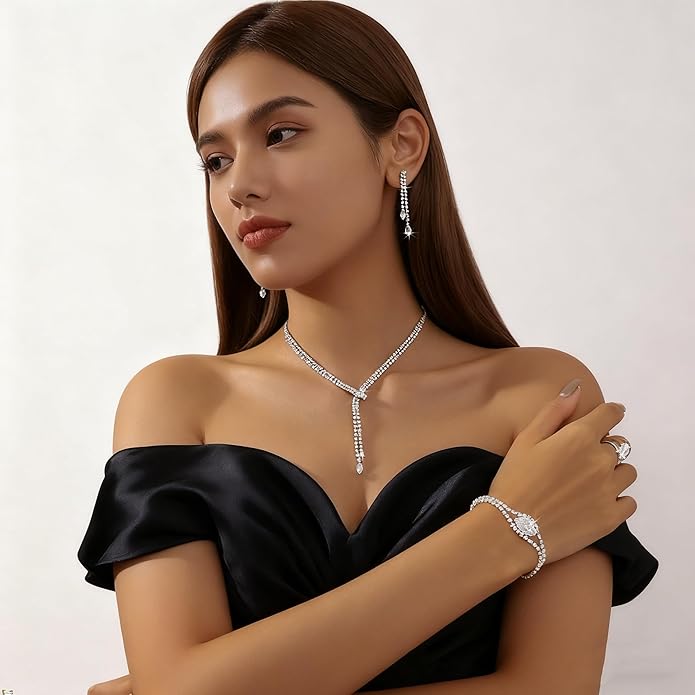 4 Pieces Cubic Zirconia Wedding Jewelry Sets for Bride Rhinestone Bridal Jewelry Set Necklace Bracelet Earring Ring for Brides Bridesmaid for Wedding Party