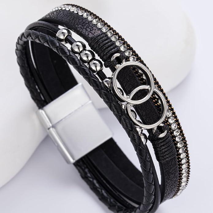 FANCY SHINY Boho Leather Wrap Bracelet Stackable Infinity Chunky Cuff Bracelets Western Hippie Outfits Jewelry Valentine Gifts for Women