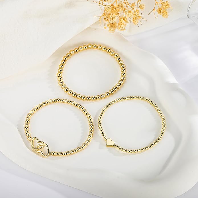 Turandoss Gold Bracelets for Women - Dainty 14K Gold Plated Bow Cross Beaded Bracelets for Women Stackable Heart Bead Bracelet Set Wave CZ Round Ball Bracelet Valentine's Day Gifts for Her