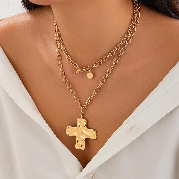 Atiptu Gold Chunky Cross Necklace for Women Statement Cross Pendant Necklace Layered Hammered Bold Cross Necklace Vintage Toggle Clasp Necklace Jewelry