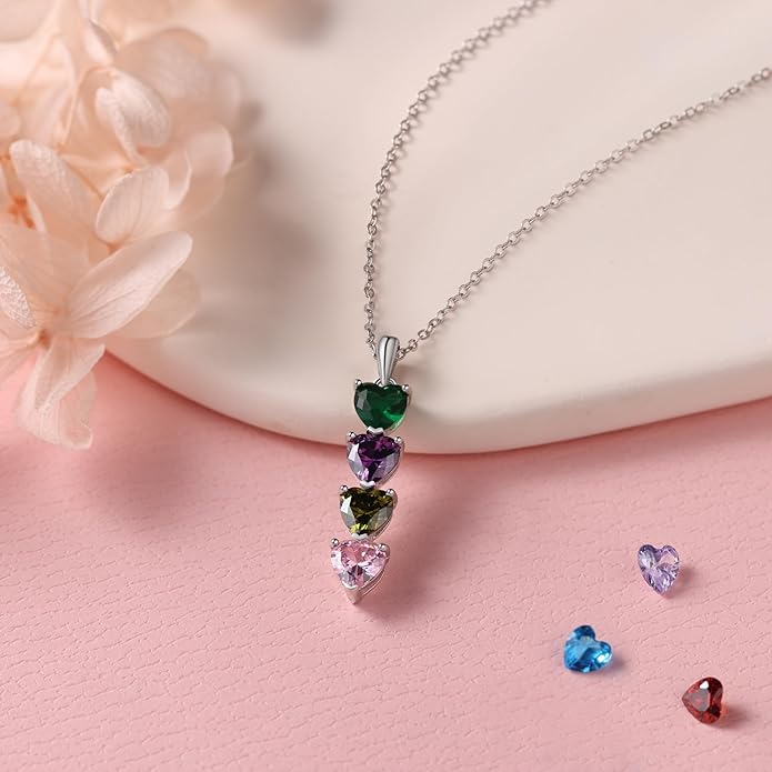 PaulaMax Jewelry Custom Birthstone Necklace for Women in 925 Sterling Silver, Mother's Day Necklace with 1 2 3 4 Heart Birthstones, Personalized and Customized Sterling Silver Chain 18" + 2"