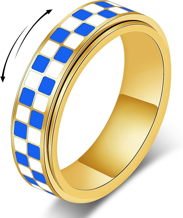 Checkered Fidget Ring For Women - Blue Chessboard Design Band Rings Anxiety & Stress Relief Stacking Spinner Rings, Stainless Steel Spinning Ring Anti-Anxiety Jewelry Gift for Adults