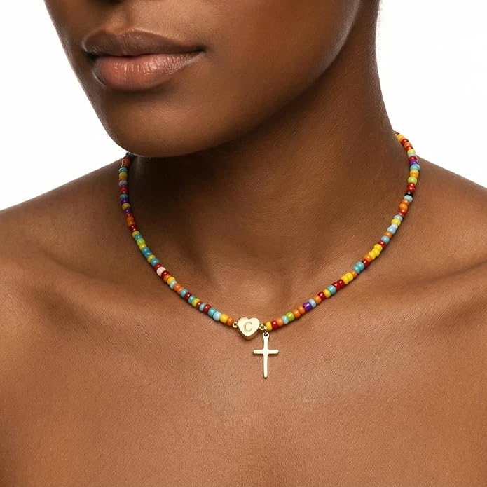 Colorful Initial Cross Necklace for Girls Women Kids - Teen Girls Gifts Trendy Stuff Beaded Letter Cross Choker Necklace for Girls Gifts Jewelry