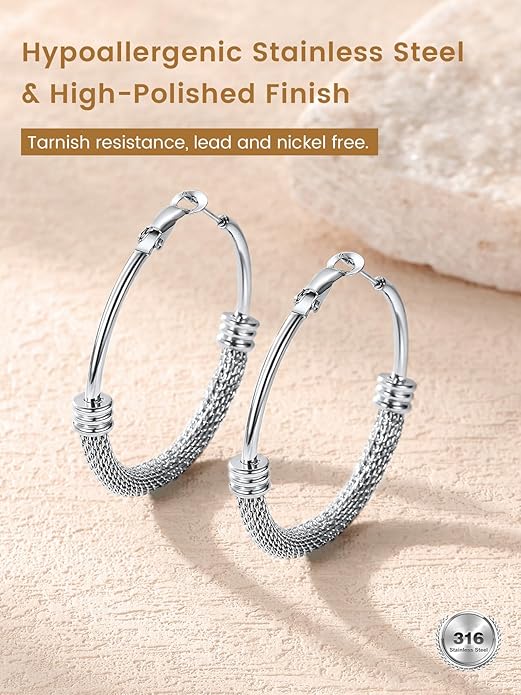 KeyStyle Mesh Hoop Earrings for Women, Stainless Steel Gold Hoops Earring Lightweight Loops, 2MM Thick Hypoallergenic Circle Endless Hollow Hoop 20mm-80mm