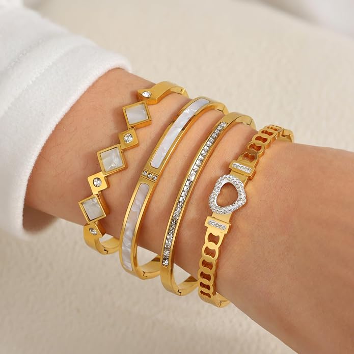 ZhiRui Women's 18K Gold Plated Stackable Bracelet Set - Waterproof Mother of Pearl Heart Cubic Zirconia Jewelry Gifts for Women