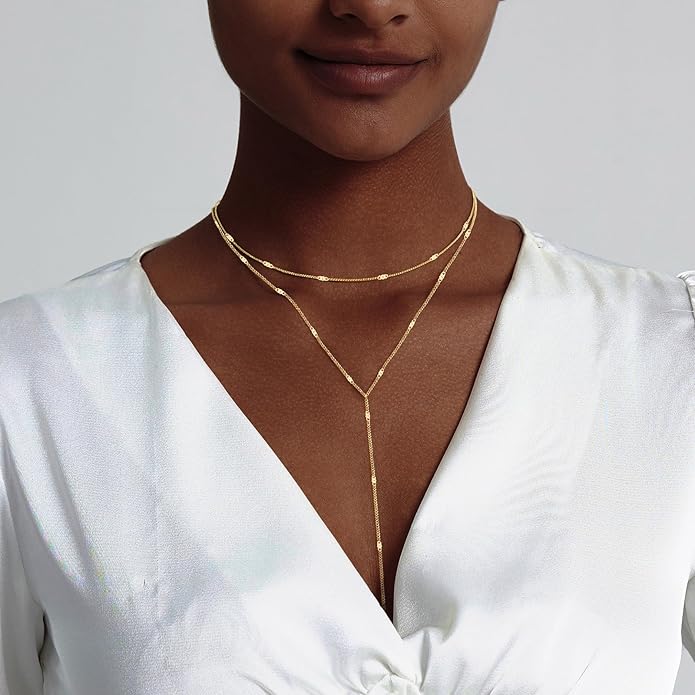 Lariat Gold Necklace for Women Dainty Long Necklace 14k Gold Plated/Silver Y-Shaped Pendant Drop Chain Trendy Layered Pearl/Beaded/CZ Necklaces Simple Gold Jewelry For Women Gift