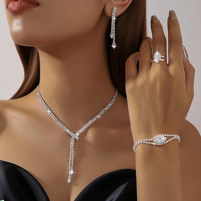 4 Pieces Cubic Zirconia Wedding Jewelry Sets for Bride Rhinestone Bridal Jewelry Set Necklace Bracelet Earring Ring for Brides Bridesmaid for Wedding Party