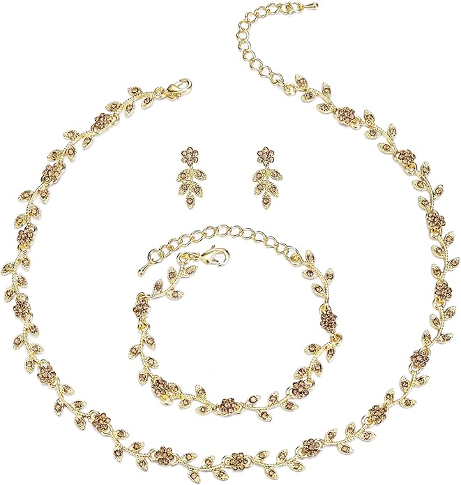 BriLove Wedding Jewelry Set for Women Bride, Gorgeous Stunning Crystal Flower Leaf Cluster Choker Necklace Link Bracelet Stud Earrings Bridal Bridesmaid